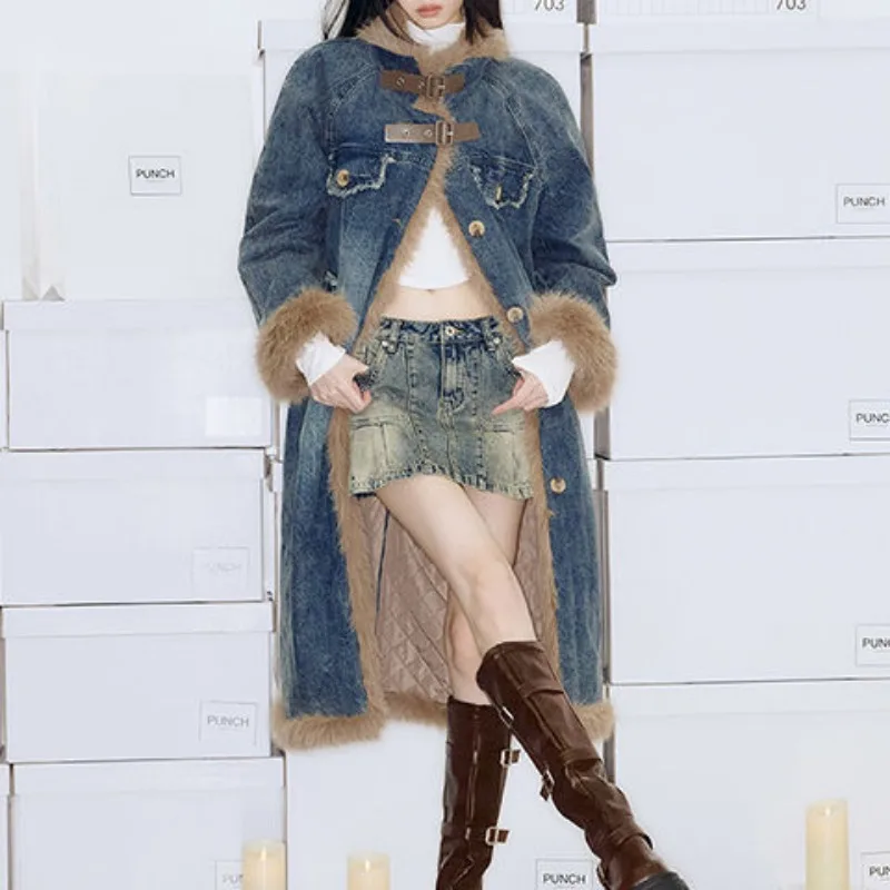 Trend New Autumn Winter Denim Coat Fur Collar Long Trench Coat Vintage Cotton Jacket for Women Warm Y2k Washed Fashion Versatile