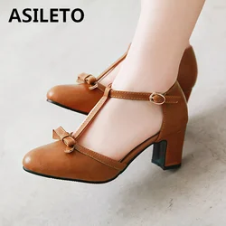 ASIELTO Large size 46 Round Toe Buckle Srap Knot Women Shoes Pumps Thick High Heels 6.5cm party footwear Sapatos