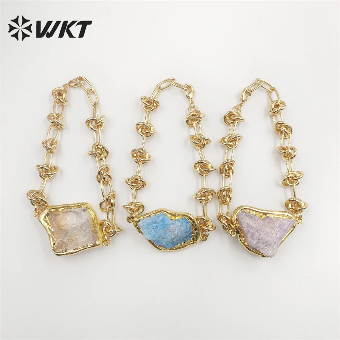 

WT-B614 WKT Handmade New Knotted Shape Metal Chain Bracelets 18k Real Gold Plated Resist Tarnishable Natural Raw Stone Bracelets