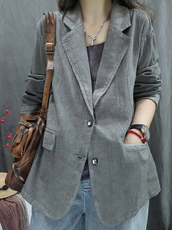 

Cotton Linen Slim Fit ort Suit Jaet Spring Summer Thin Casual Large Size Ladies Top Buttoned Long Sve Office Sle