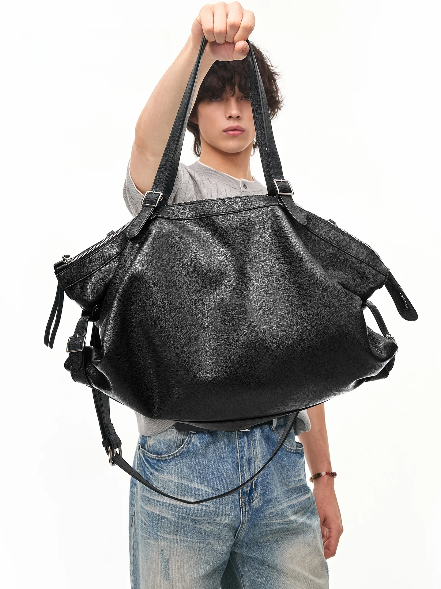 NESBIT Large Capacity Black Men's Shoulder Handbag Korean Style Casual Tote Bag Single Strap Leather Decorated Bag for Youth