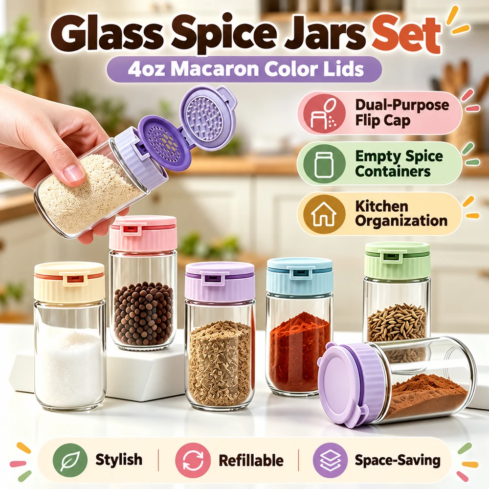 4oz Glass Spice Jars Set with Macaron Color Lids, Dual-Purpose Flip Cap Empty Seasoning Containers for Kitchen Organization