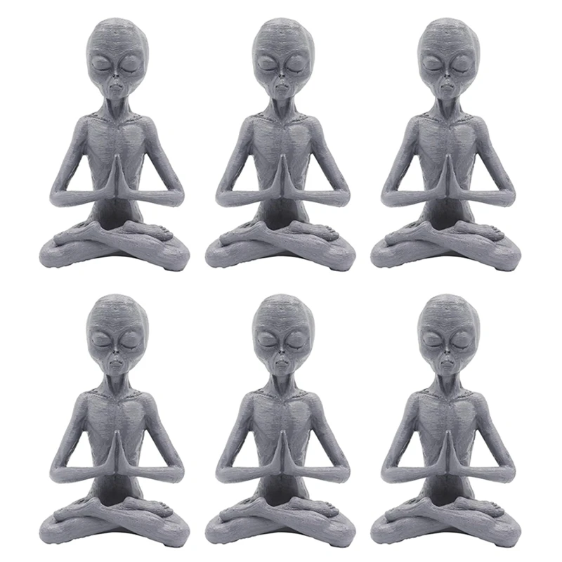 6PCS Garden Statue Meditating Alien Sculptures, Meditating Alien Resin Ornament, UFO Indoor Outdoor Garden Decor Easy To Use