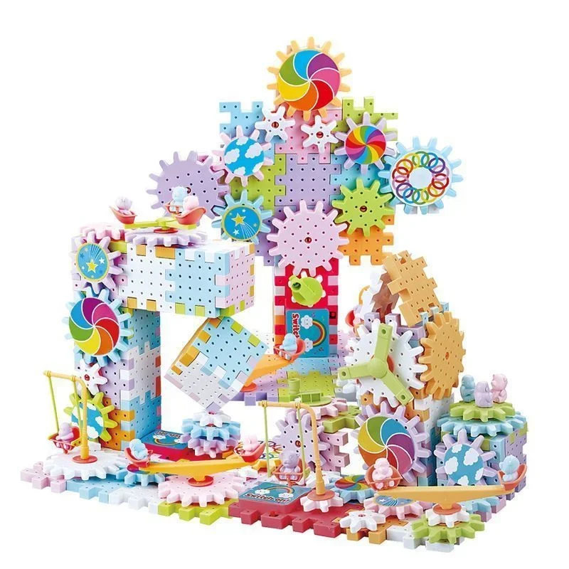 電動ギア組み立ておもちゃセット、電動回転ギア、ギアレールカー、大型ビルディングブロック組み立ておもちゃセット