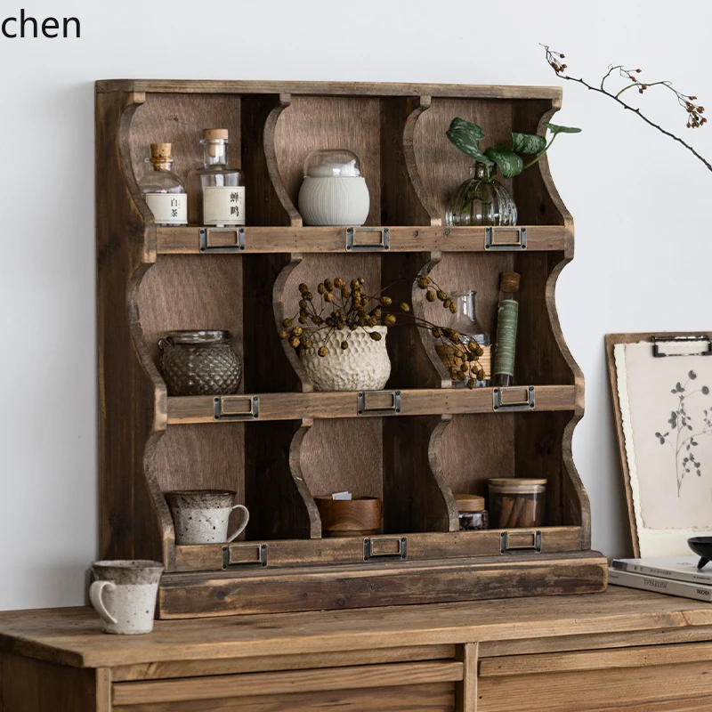 

LXC retro solid wood desktop rack, old cup holder, storage rack, display rack, lattice cabinet