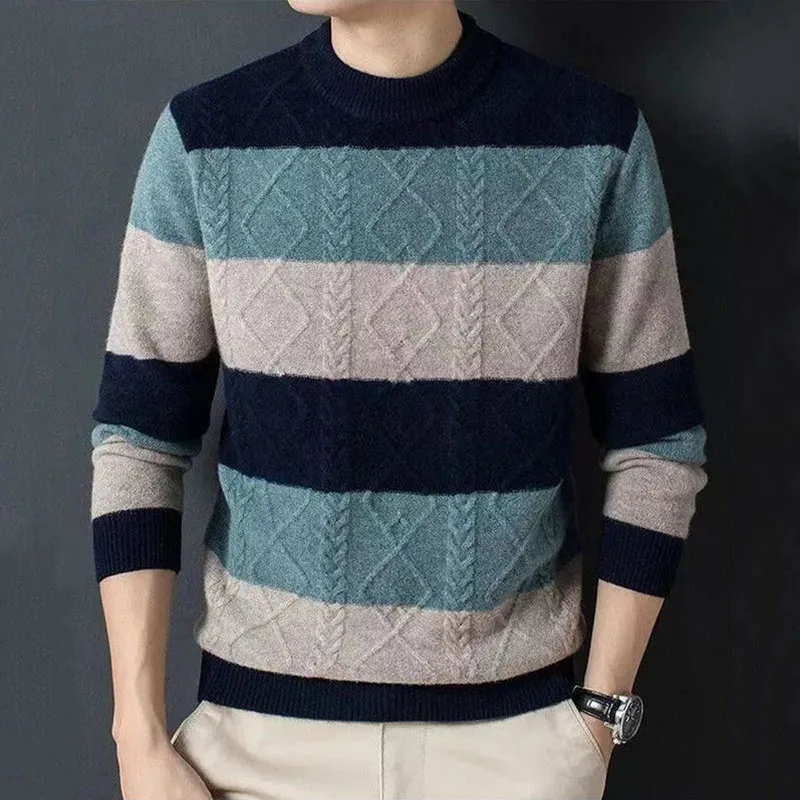 Autumn Winter New Men Sweater Pullovers O-Neck Patchwork Striped Contrast Color Fashion Thicken Warm Long Sleeve Knitted Top