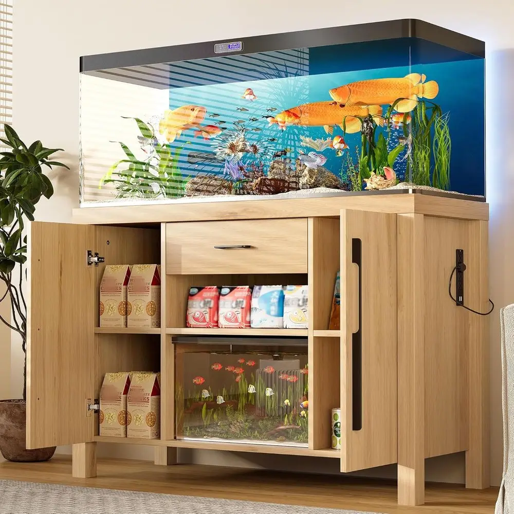 

Sturdy 55-75 Gallon Aquarium Stand with 4 AC and 2 USB Outlets, Storage Drawer, , Natural Finish