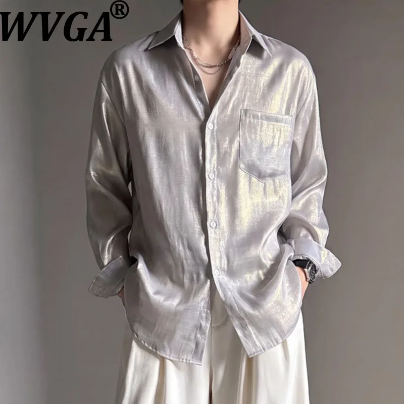 WVGA Spring Autumn New Men Trendy Bright-colored Reflective Long Sleeve Shirt Niche Chic Casual Turn-Down Collar Tops Ins W26541