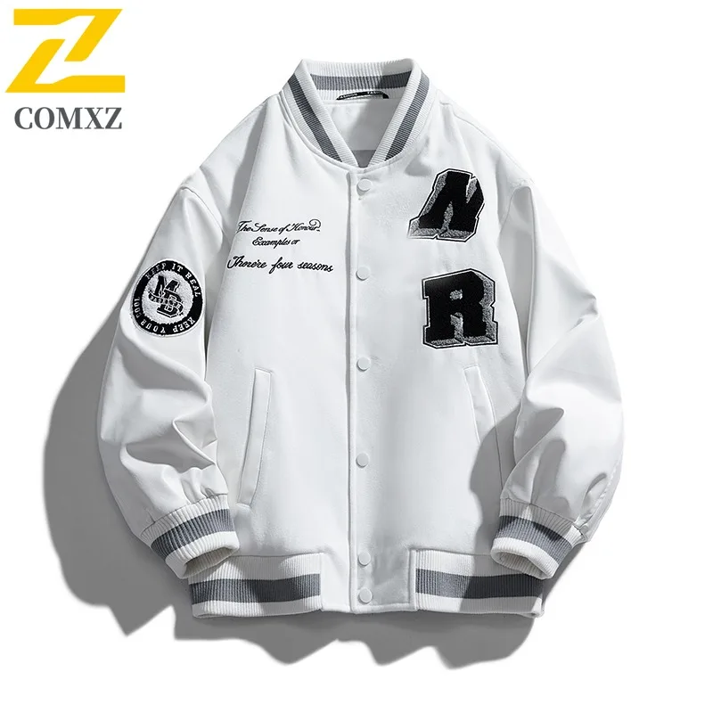 COMXZ Mens Baseball Jacket High Fashion Stand Up Collar Printed Embroidery Design Jacket Streetwear Style Spring Autumn Jacket
