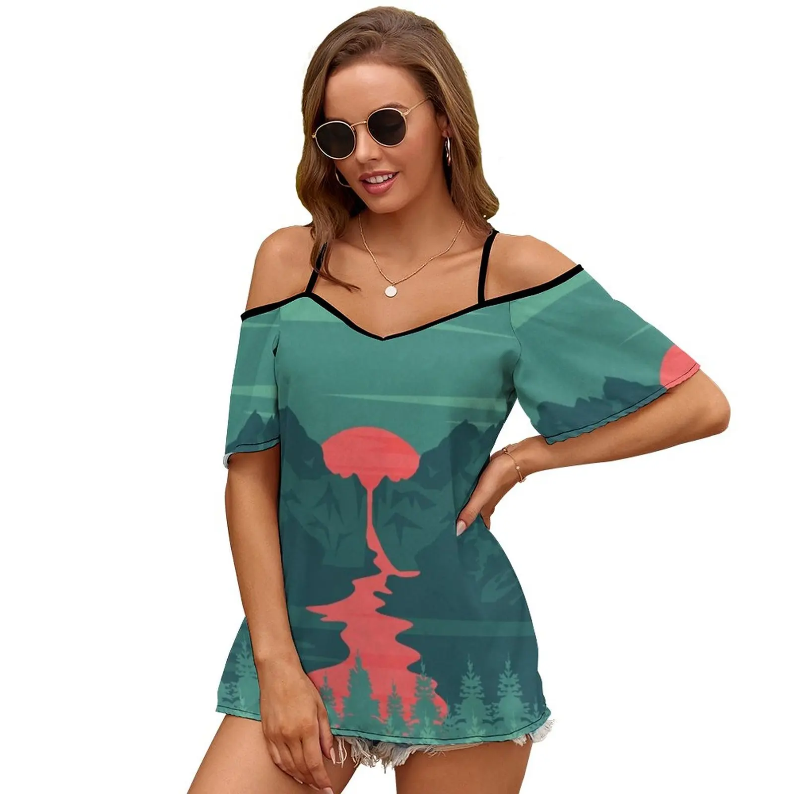 The Red River Women Short Sleeve Tops O-Neck Hollow Out Shoulder Strap Tees Streetwear Sunset Landscape Nature Landscape