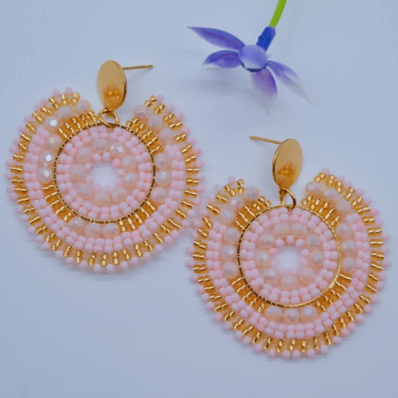 Rice bead earrings Crystal Roundness Hollow out Originality Hand knitting Bohemia Alloy Fashion Simple Beaded earrings image 4