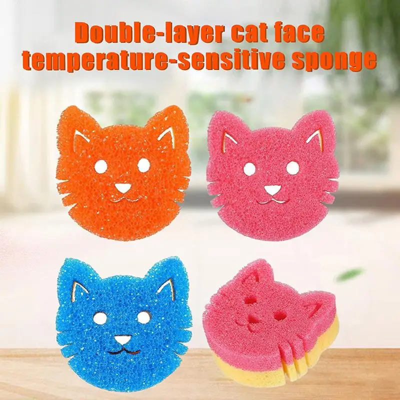 Temperature Sensitive Double Layer Kitchen Sponge Cat Face For Dish Pot Washing Fast Cleaning