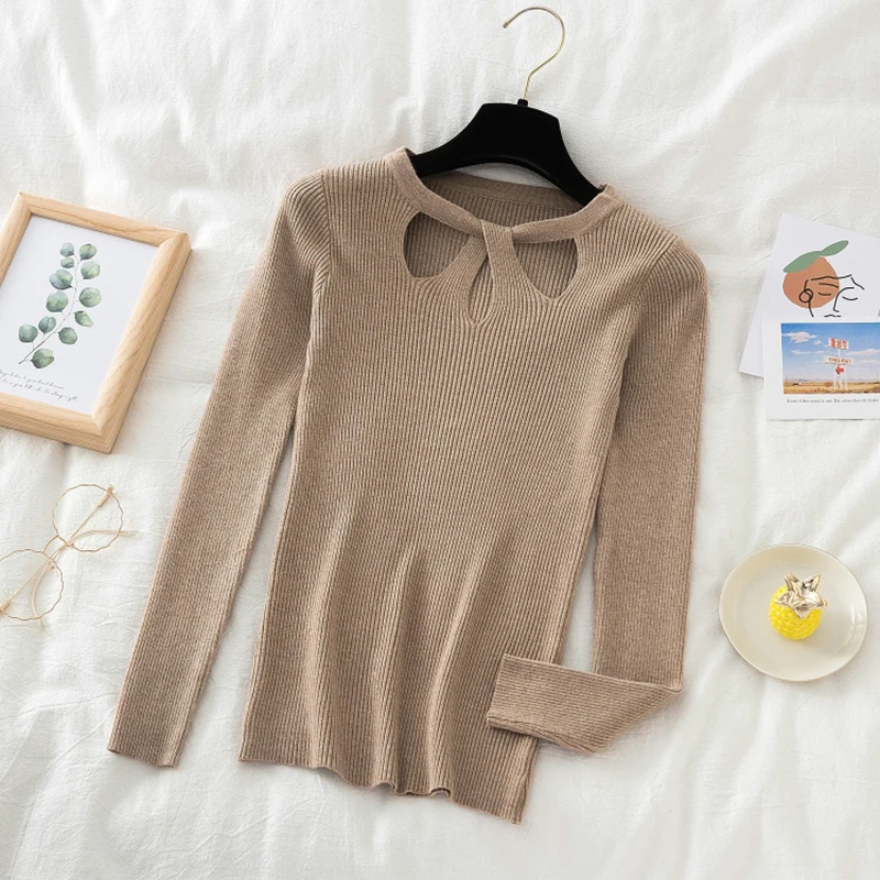 เซ็กซี่ Hollow-OUT ถักเสื้อกันหนาวผู้หญิง Ribbed ฤดูใบไม้ร่วงฤดูหนาว Basic เสื้อกันหนาวหญิง SLIM FIT Pullovers Soft WARM Tops