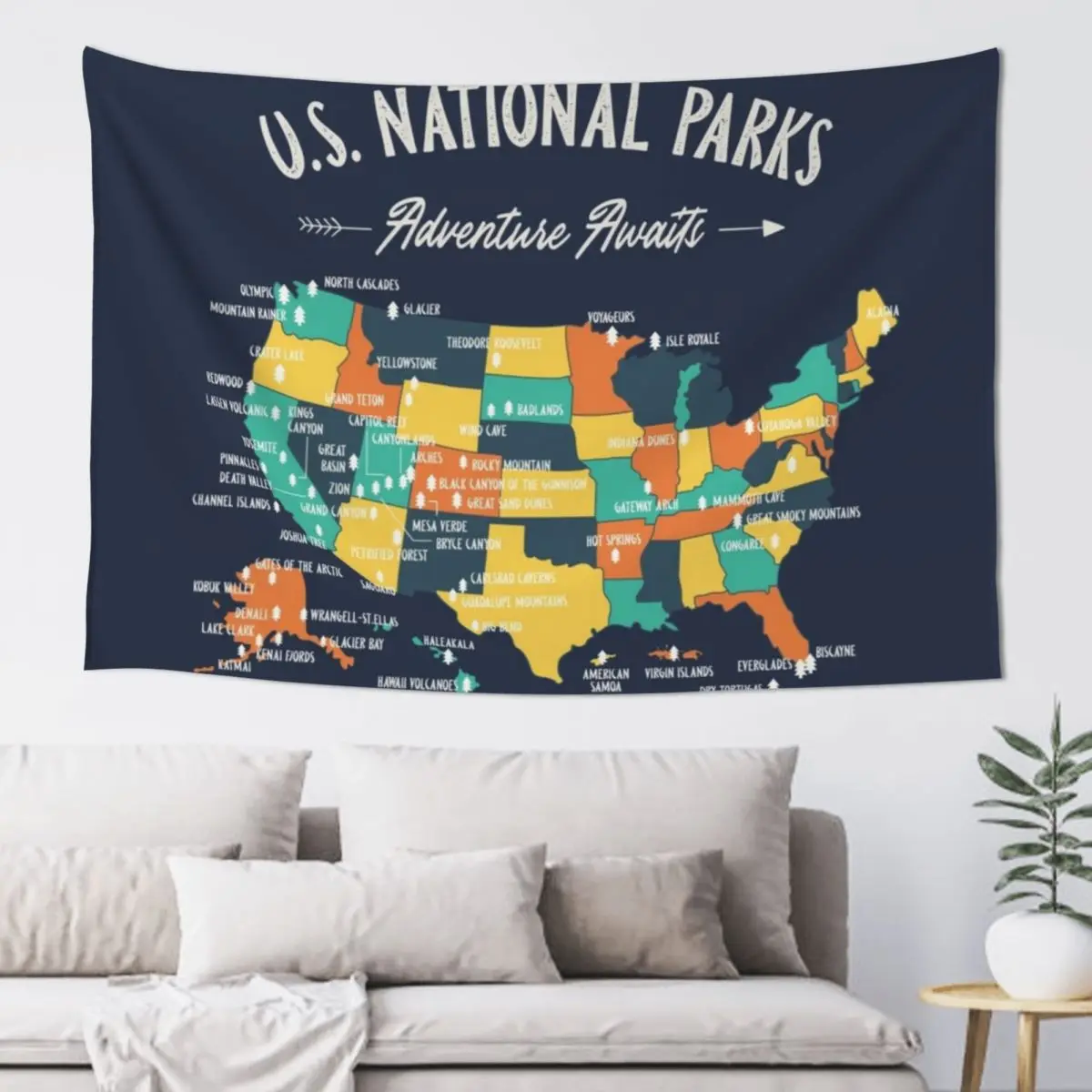 

U.S National Parks Map - Adventure Awaits Tapestry Bedroom Decor Aesthetic On The Wall Nordic Home Decor Tapestry
