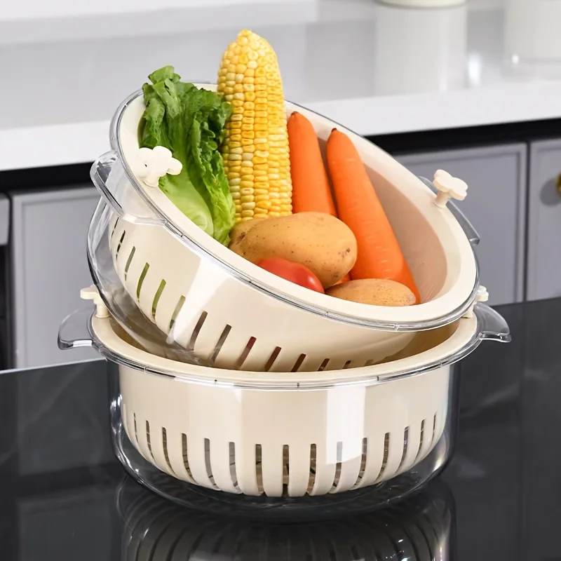 Contemporary Rotating Double-Layer Drain Basket Set, Multipurpose Plastic Shelf Baskets with Filter for Fruits & Vegetables, Inn