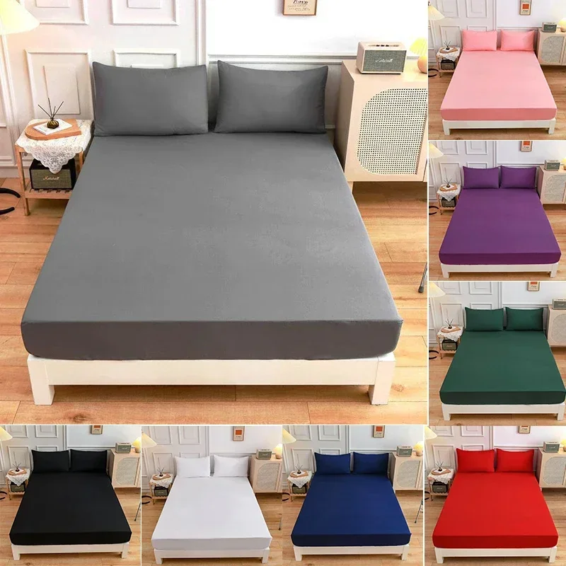 120/150/180cm  Solid Color Soft Polyester Fitted Sheet Elastic Band Bedsheet Mattress Cover Single Double Bed Set