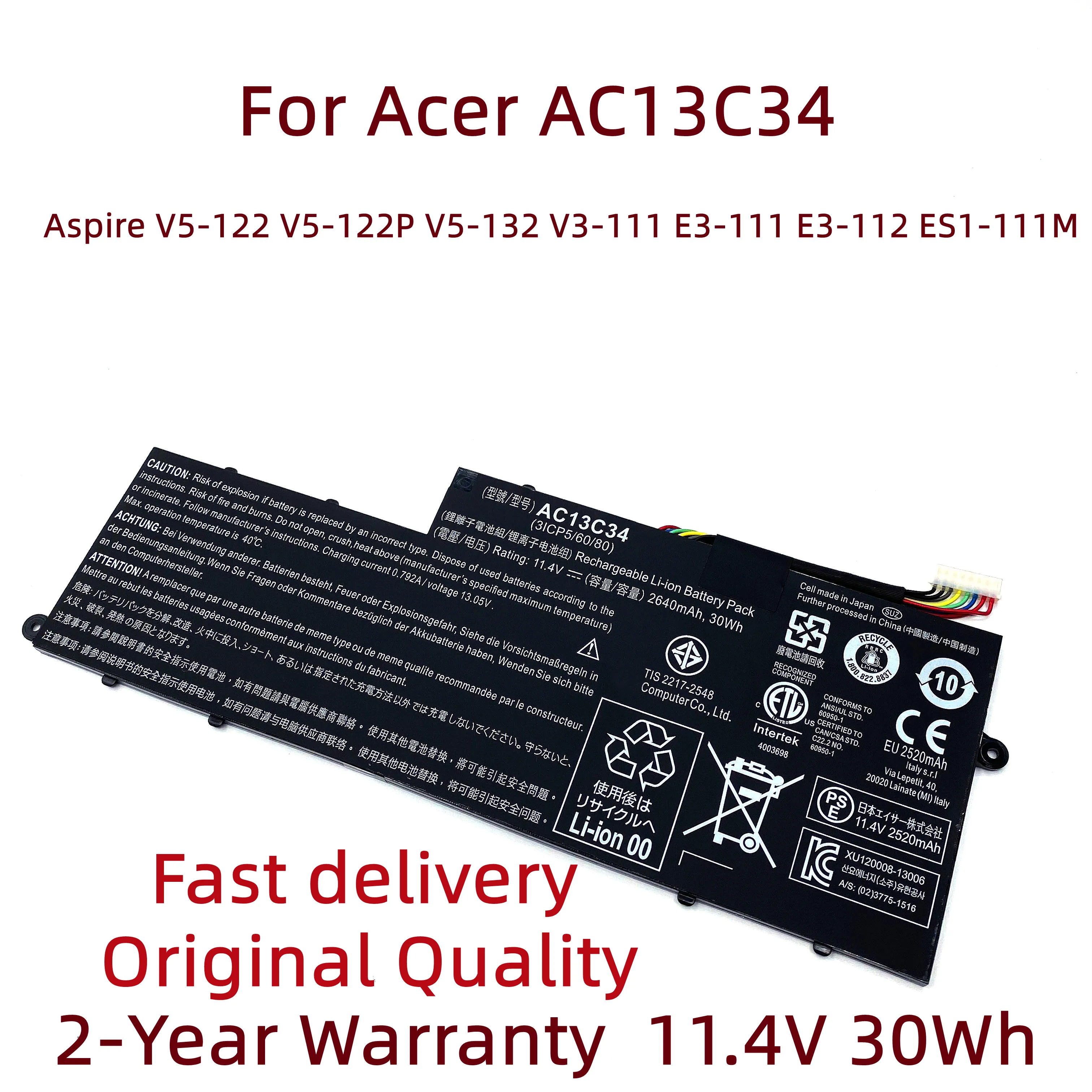 New AC13C34 11.4V 30Wh Laptop Battery For Acer Aspire V5-122 V5-122P V5-132 V3-111 E3-111 E3-112 ES1-111M MS237 KT.00303.005