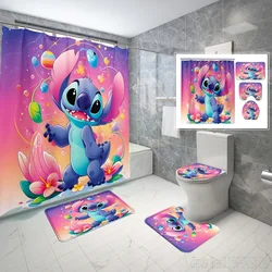 Disney Stitch Angle Bath Shower Curtain Set 4pcs with Hooks Cartoon Decor Bathroom Toilet Mat Lid