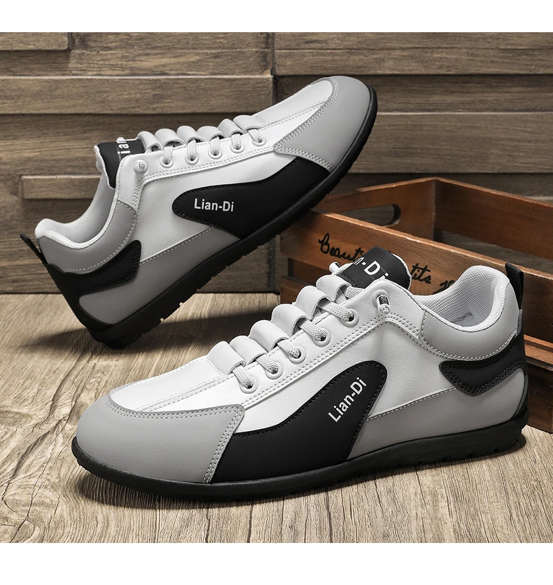 Niedrig geschnittene Herrenschuhe, große Größen, neue Frühlings- und Herbstmodelle, atmungsaktive Leder-Freizeitsportschuhe, weiche Sohle, rutschfest, Herren-Sneaker zum Autofahren. – Detail 20
