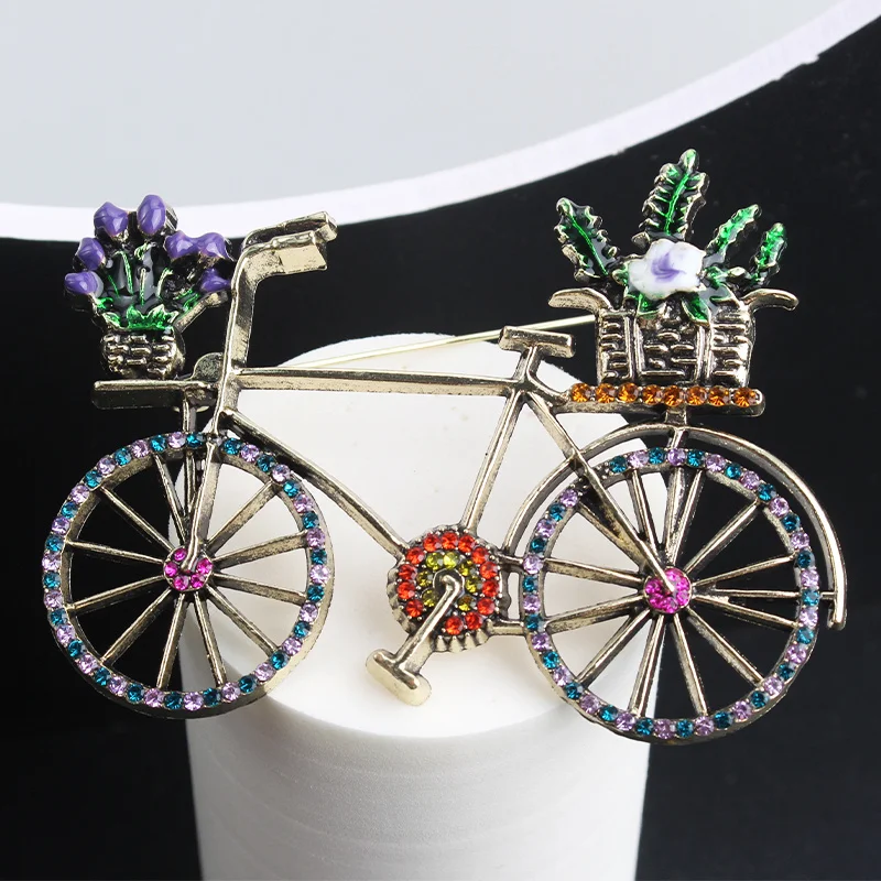 Vintage Creative Personality Rhinestones Carrying Flowers Bicycle Brooch
