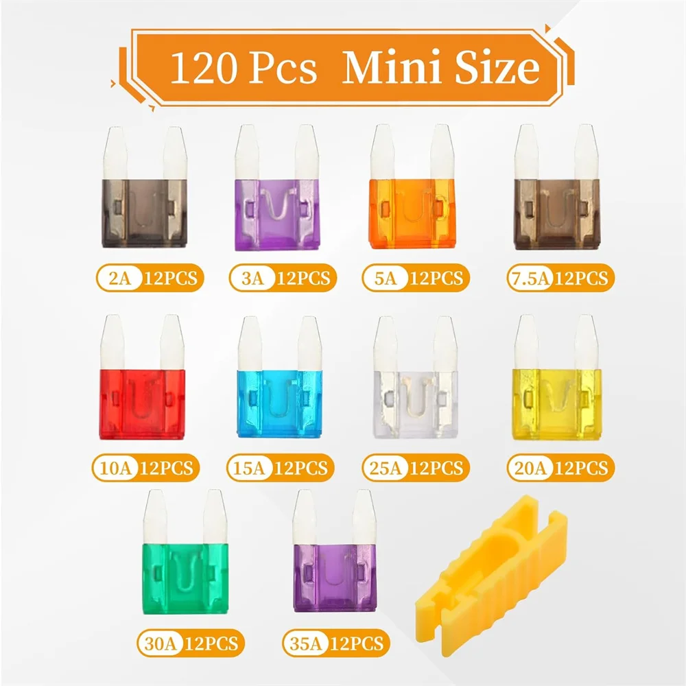 120 Pieces Mini Fuse Assortment Kit, Mini Blade Fuses for Truck, Marine, Motorcycle, Auto(2A/3A/5A/7.5A/10A/15A/20A/25A/30A/35A)