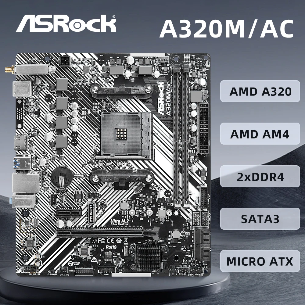 

ASRock A320M/AC, A320M Motherboard AM4 Socket,Used, Supports AMD Ryzen 5 5600, 2x DIMM Max. 32GB DDR4, Micro ATX Mainboard