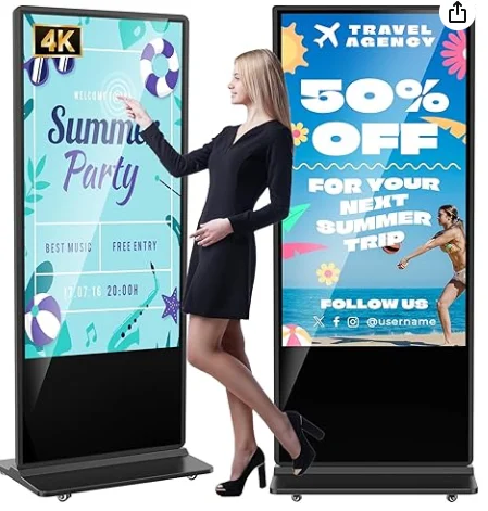 MWE 65 Inch 4K Digitaal Signage Display Kiosk, Indoor Staande Reclamezuil, LCD Commerciële Display met Automatische Media Player, Android Systeem, HDMI/USB/WiFi