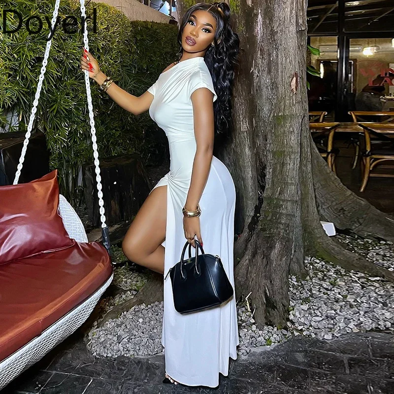 도이어르 우아한 오프숄더 파티 롱 드레스 여성 생일 나이트클럽 드레이핑 하이 슬릿 A라인 프롬 맥시 드레스 섹시 여성 의류