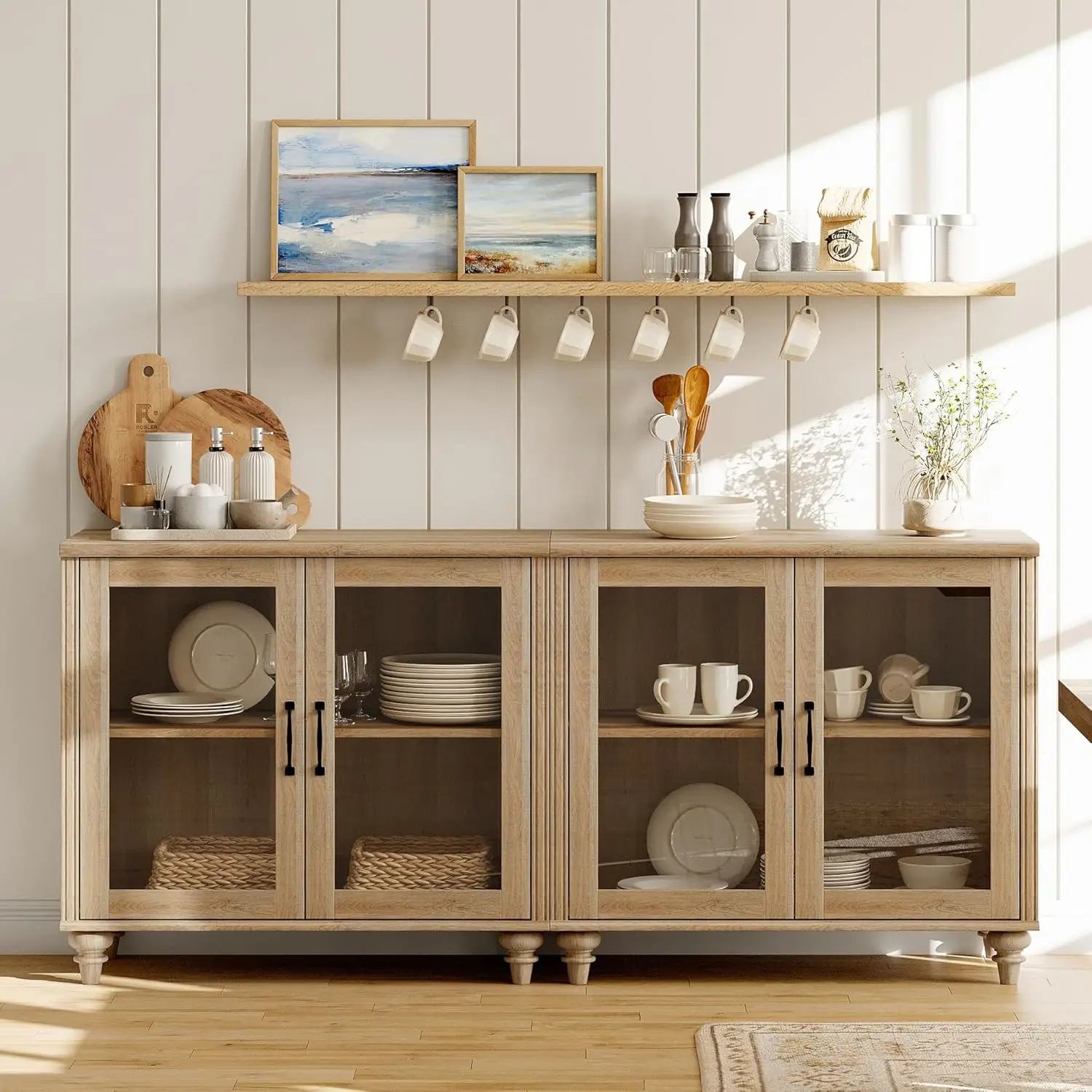 Sideboard Buffet Cabinets with 4-Glass Door, Kitchen Storage Cabinets, Wood Coffee Bar Tables,Color is available for selection