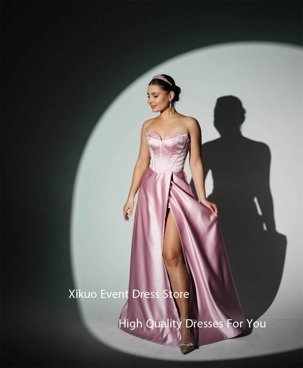 Xikuo Formal Pink Satin Evening Gowns Mermaid  Party Prom Gowns Sweetheart High Side Slit Cocktail Robe De Soirée Customized