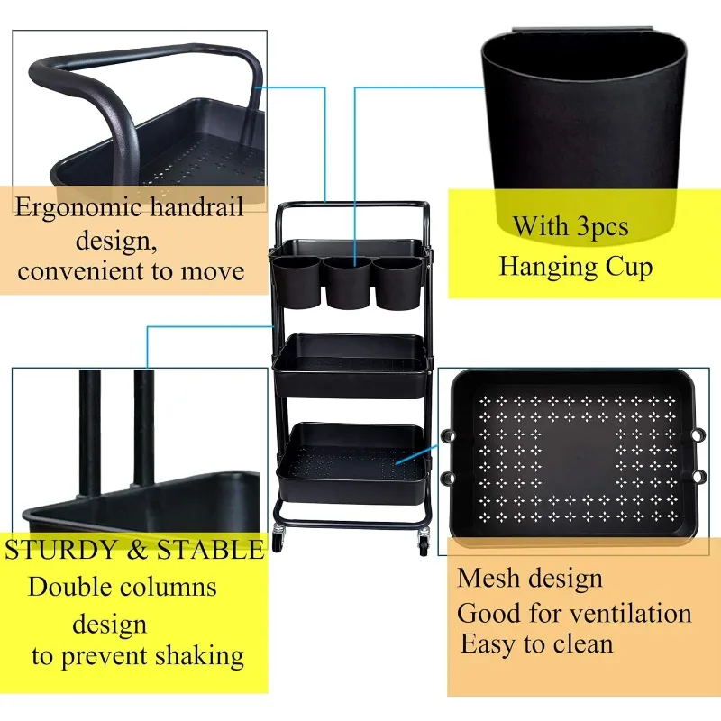 3-уровневая многофункциональная тележка на колесиках. Полки для хранения. Тележка с подвесной чашкой, запираемыми колесами и ручкой для офисной жизни.