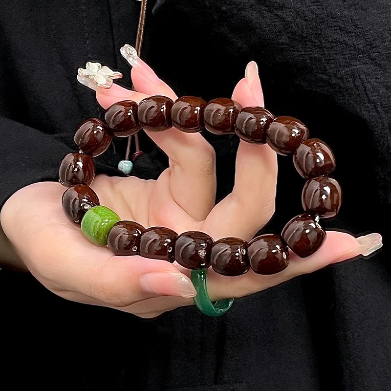 [Boutique] Straight Cut Zi Jin Shu Bracelet Red Leather Lucky Single Circle Prayer Beads Beads Crafts Bodhi Bracelet for Men