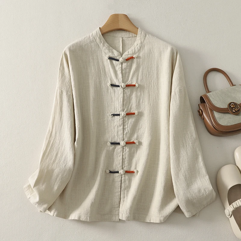 

Elegant Anti-Aging Slimming Chinese Style Women's Jacket Collarless Button-Up Cotton Linen Outerwear Long Sleeve Regular Fit