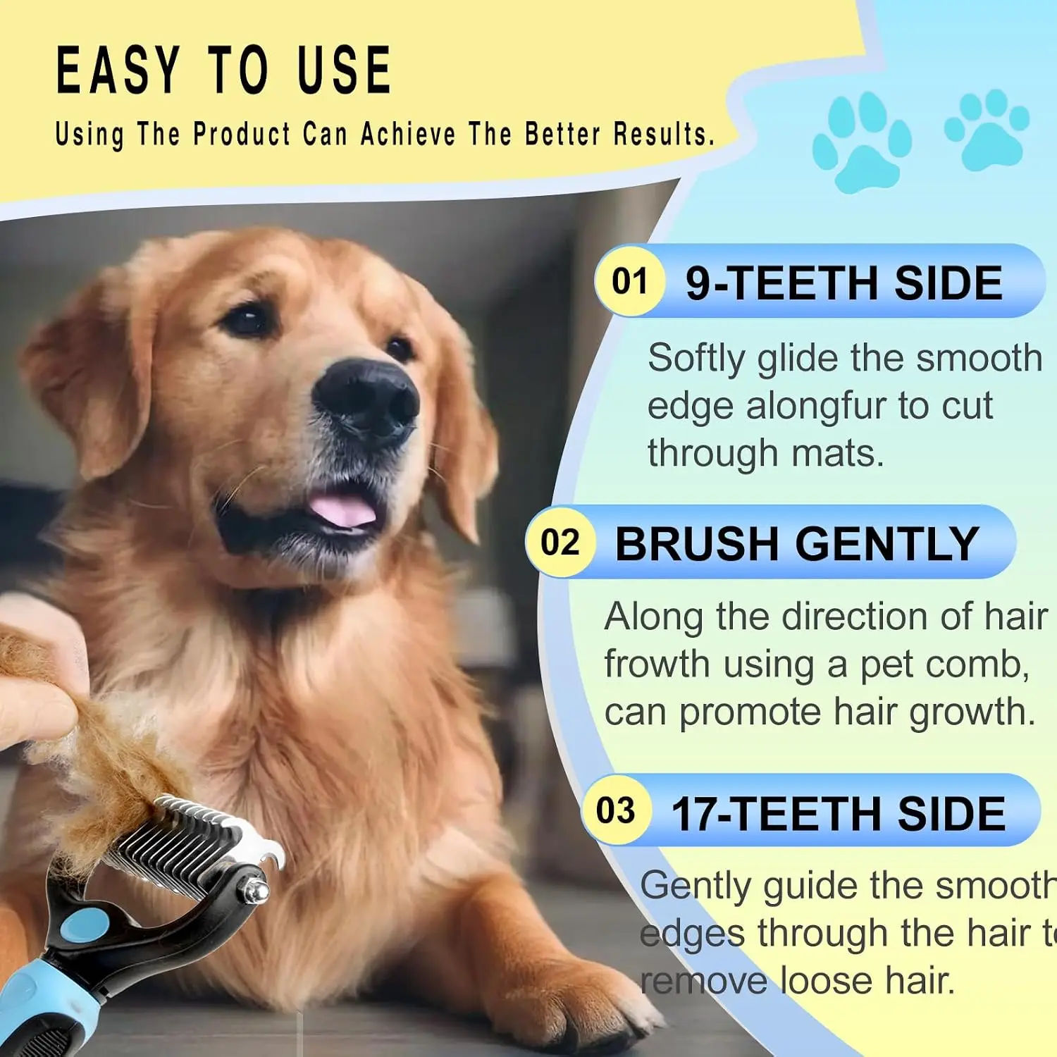Pet Grooming Rake, Double-Sided Hair and Knot Removal Tool, Can Easily Remove 95% of Loose Lower Layer Hair from Long Haired Pet