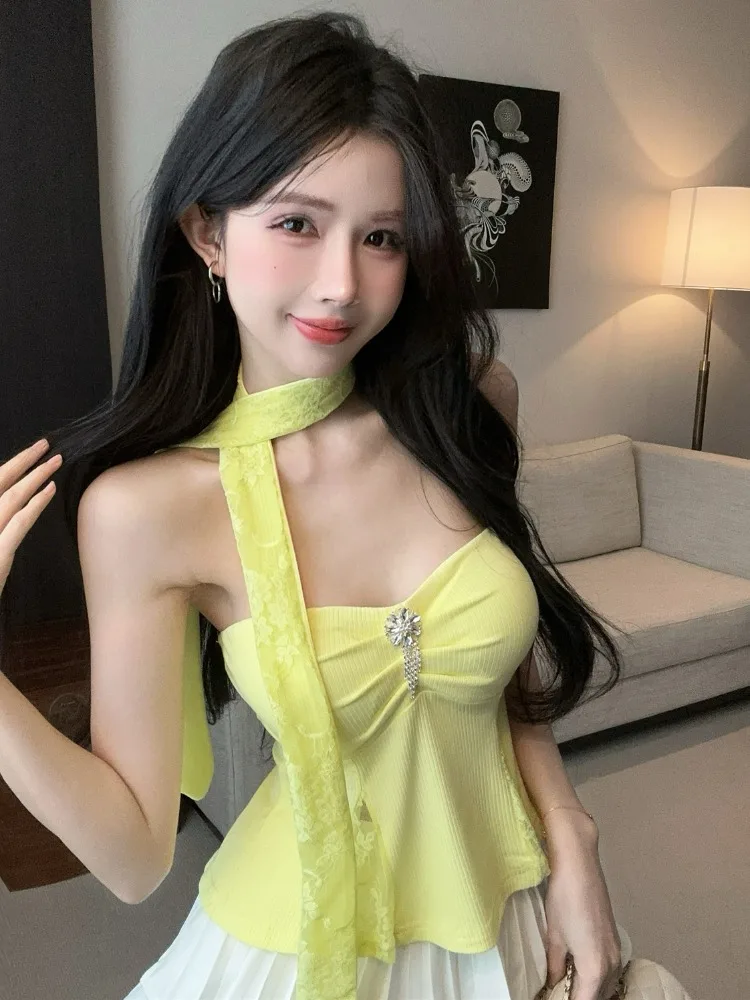 

Spicy Girl Knitted Lace Patchwork Bra Top Short Skirt Set Women's Spring Summer Pure Desire Outfit Korean Style Commute Wind