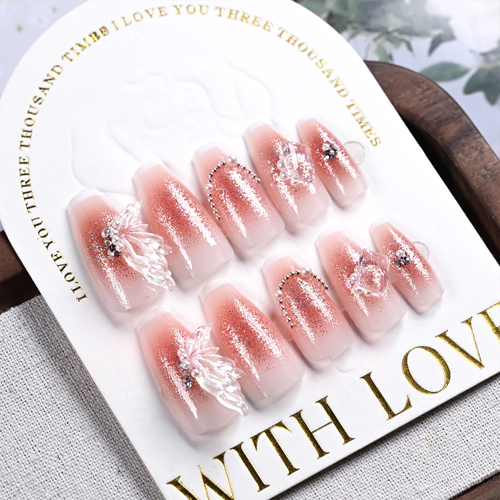 24 Stück mittelgroße, quadratische, handgefertigte Nägel zum Aufdrücken, vollständige Abdeckung, Schmetterlings-Strass-Kunstnägel, künstliche tragbare Maniküre-Nagelspitzen