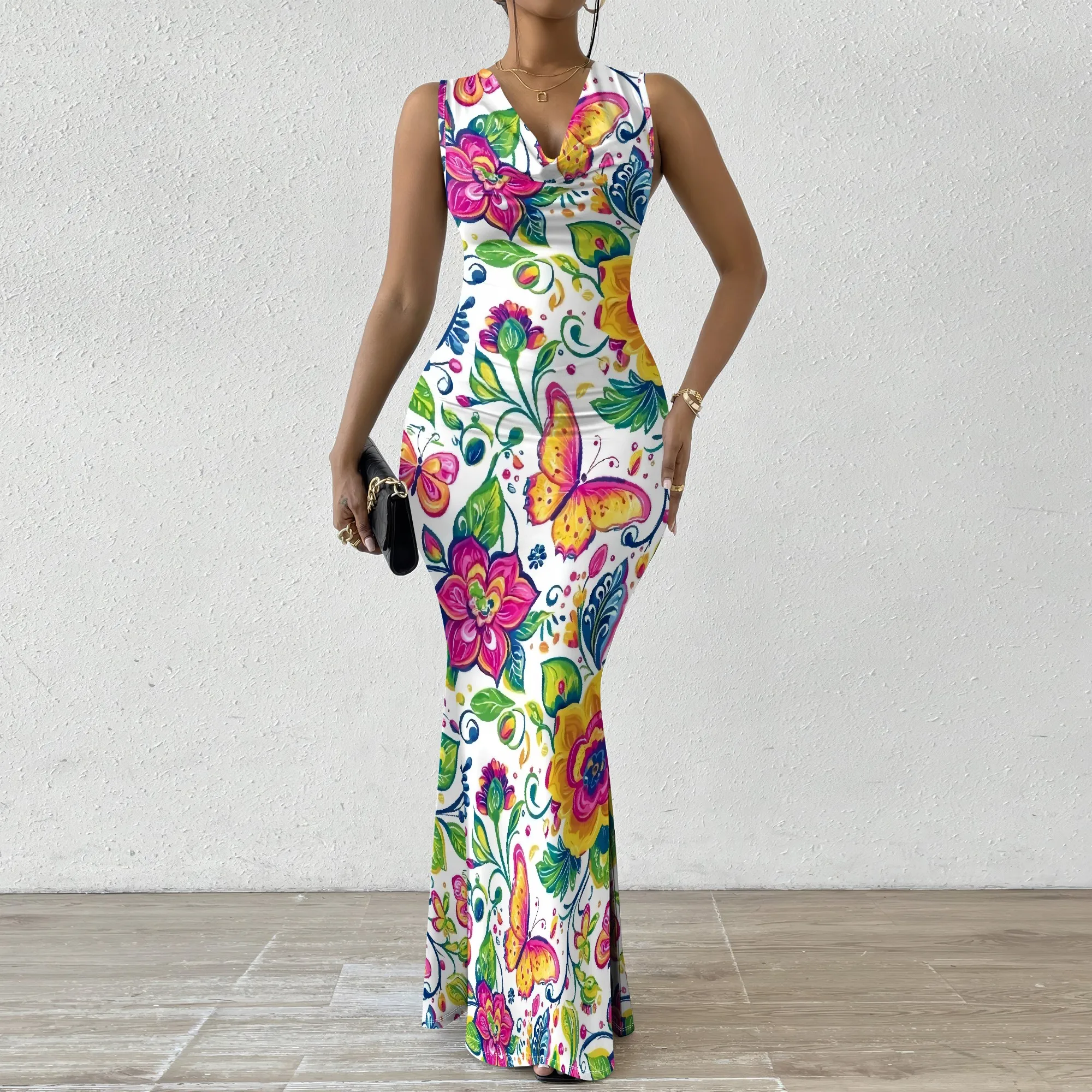 

Floral & Butterfly Print Bodycon Maxi Dress XS-2XL - Bright Dress for Spring Weddings, Garden Parties & Summer Festivals