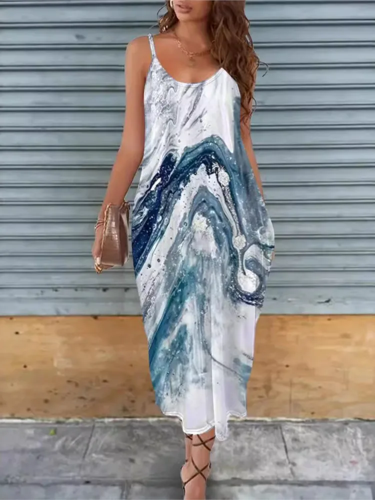 Boho Print Dress For Women Fashion Sleeveless Spaghetti Strap V Neck Dresses Robe Femme Casual Holiday Beach Womens Clothing New