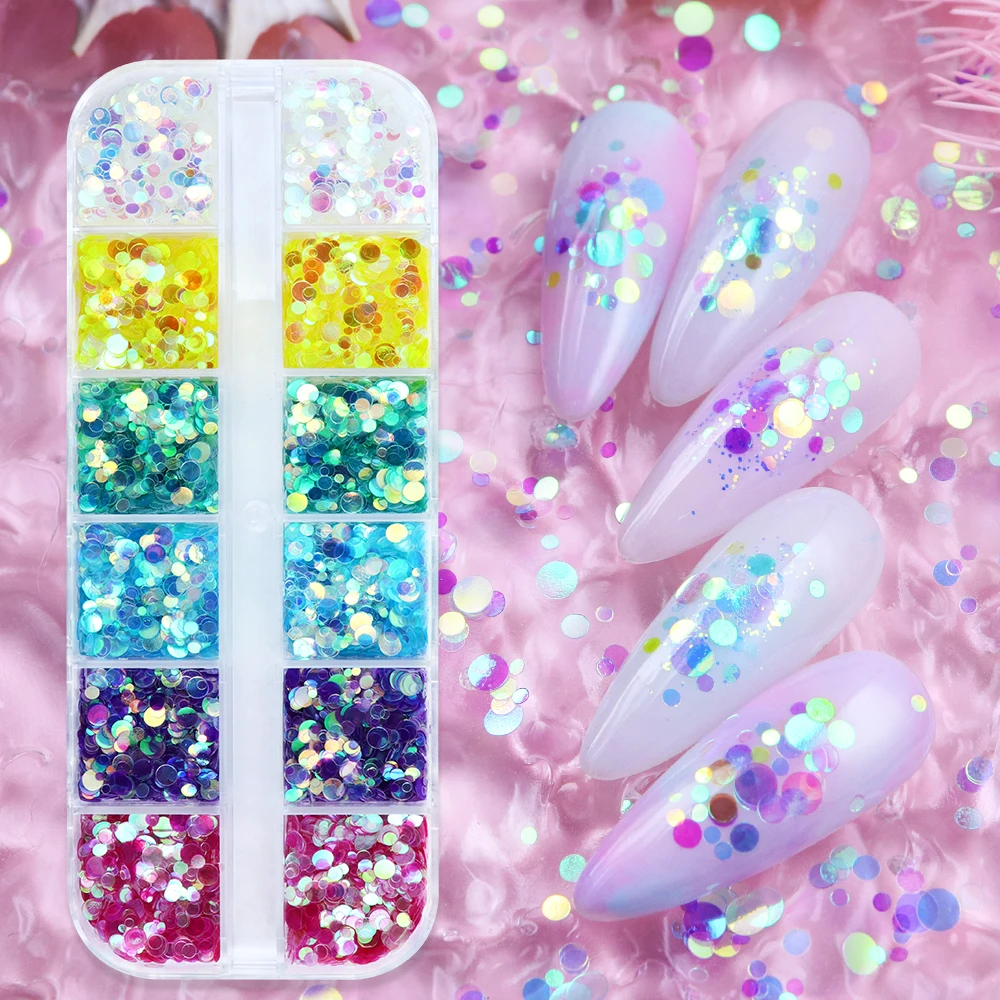 12 grilles irisées rondes à paillettes pour décoration d'ongles, flocons de paillettes à bulles colorées d'été, Design de manucure, accessoires pour ongles à faire soi-même