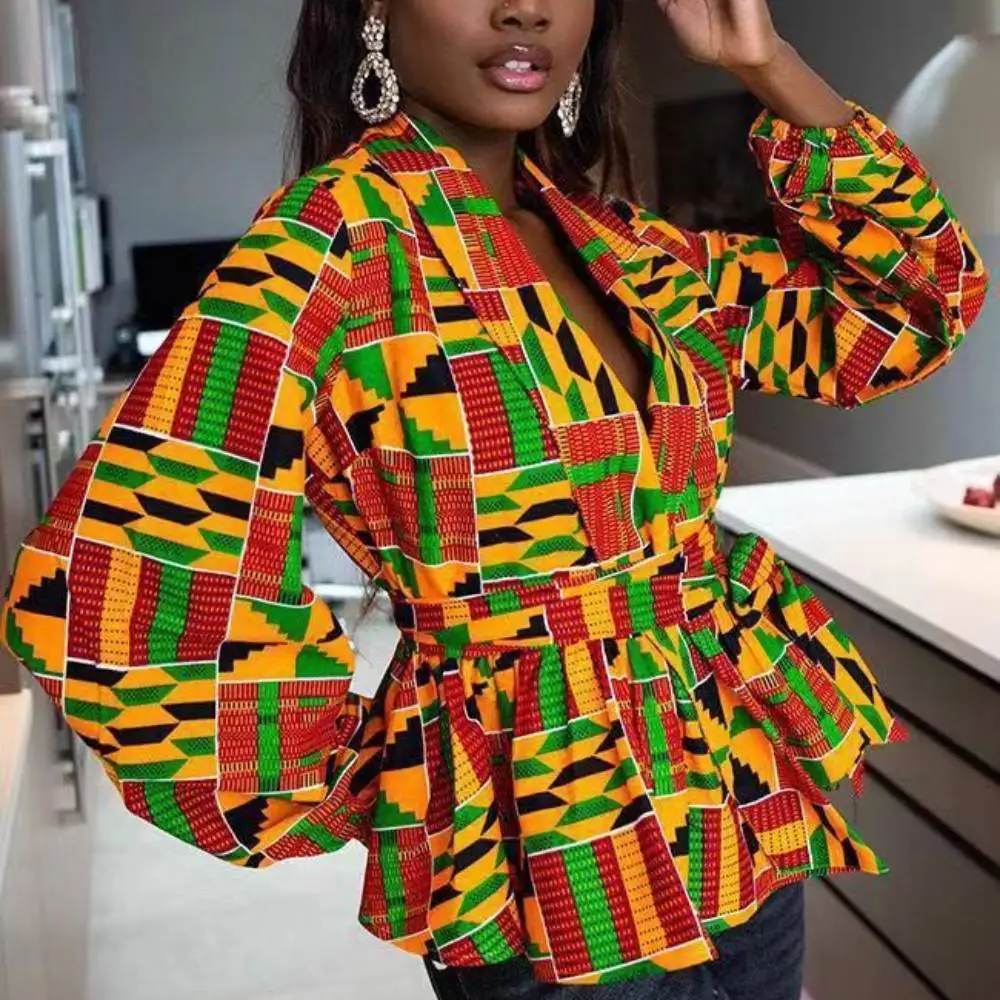 African Clothes for Women Summer African Women V-neck Polyester Printing Long Sleeve T-shirt Women Top African Clothing