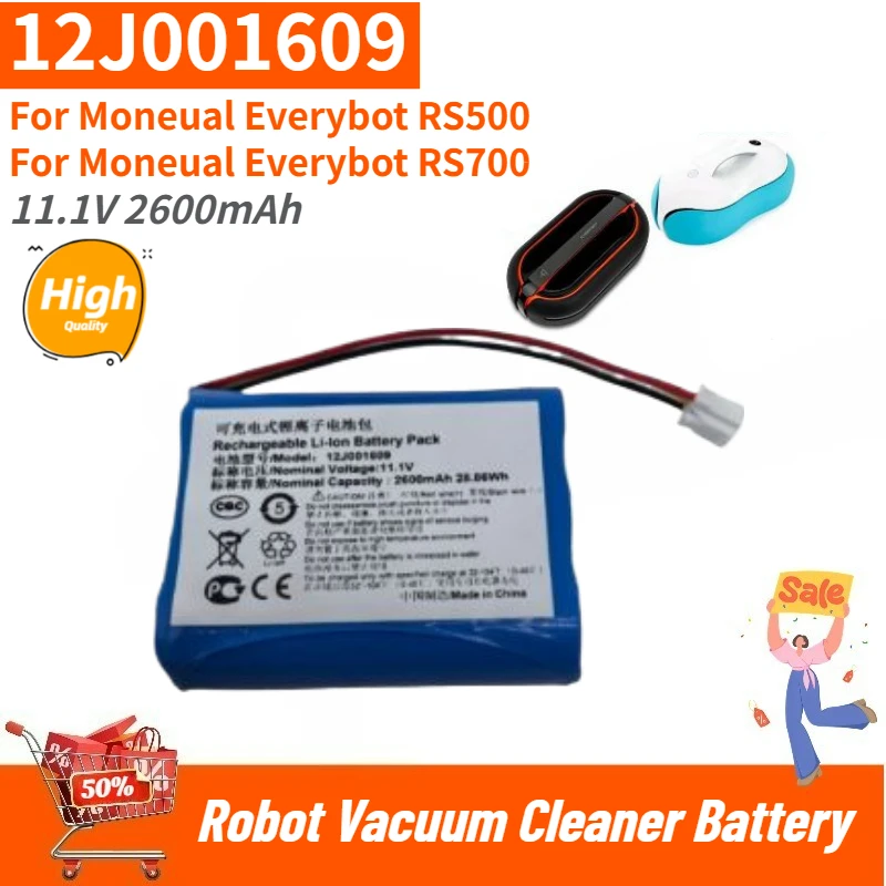 

High Quality 12J001609 Robot Vacuum Cleaner Battery 11.1V 2600mAh for Moneual Everybot RS500 RS700 Brand New Replacement Battery