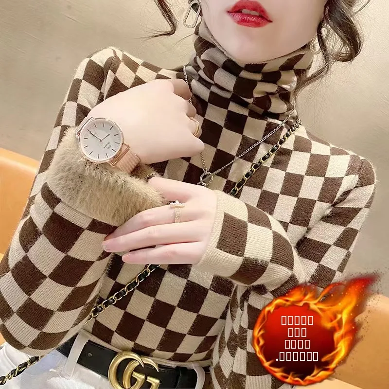

Thiened High Collar One-Piece Fce Warm Sweater Women's Inner Wear Autumn Winter Faionable Ele Plaid Fluffy Base irt