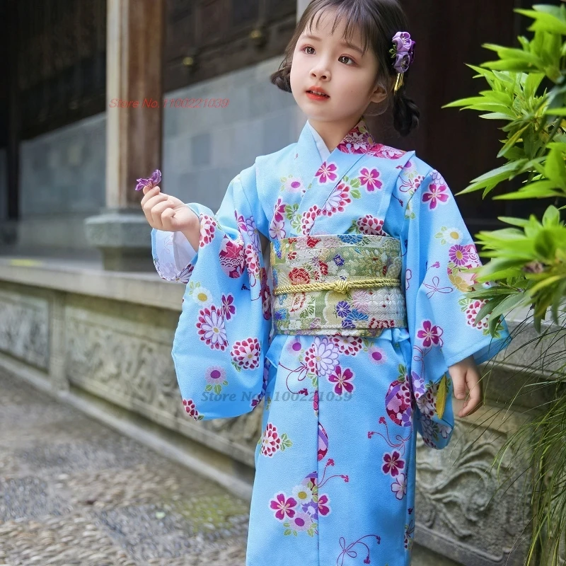 

2025 children folk dress japanese kimono yukata national flower print traditional japanese children's stege performance costume