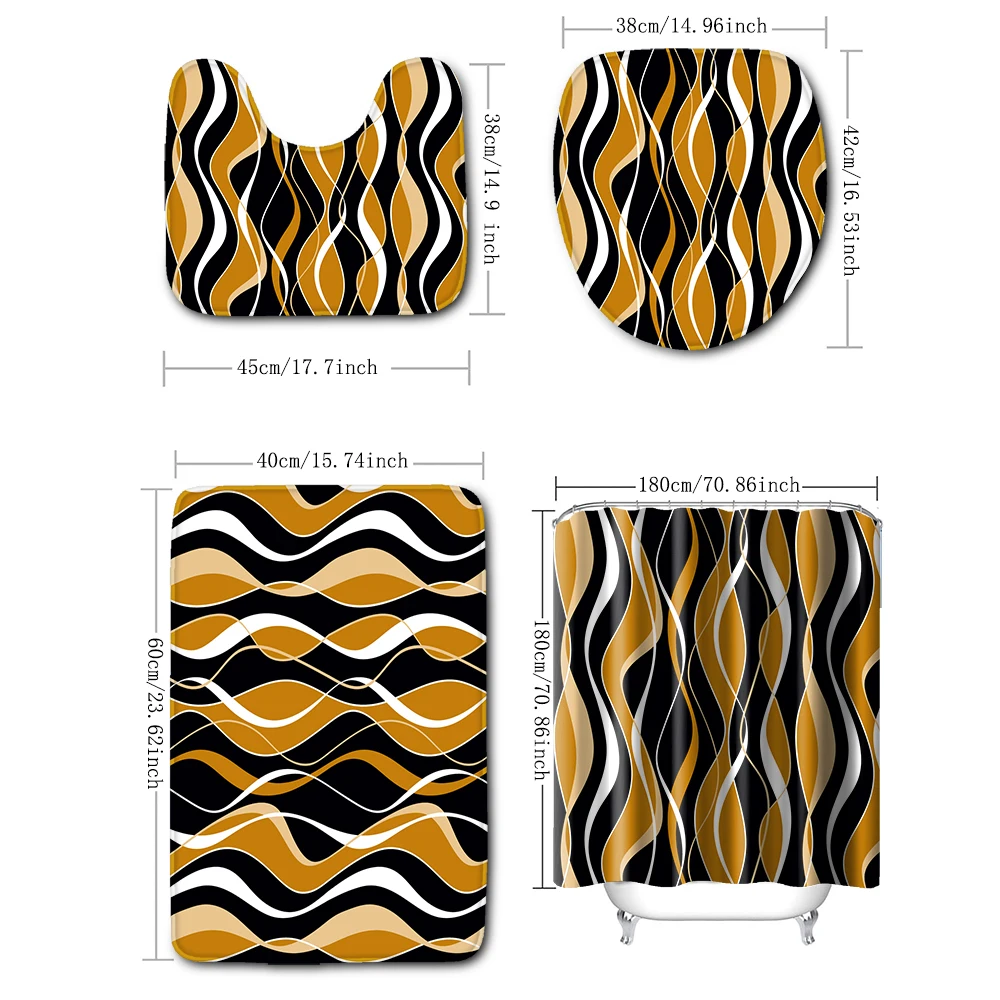 

1 set of yellow and black geometric ripple printed shower curtains, modern style, with plastic hooks and bathroom floor mats