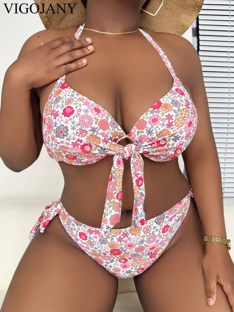 VigoJany 2025 Print Halter Plus Size Bikini Set Women Push Up Hollow Swimsuit High Waist Backless Strój kąpielowy Summer Bitchwear