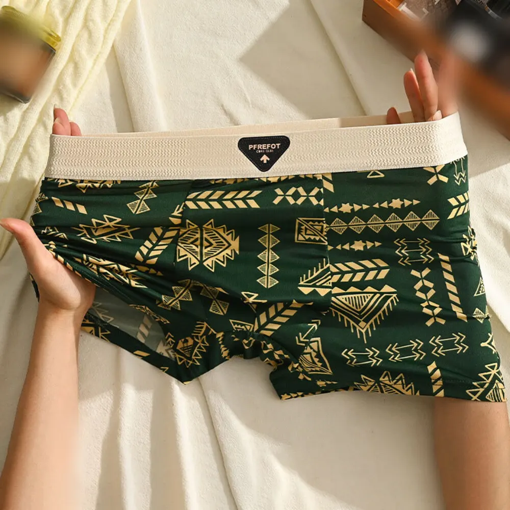 

Ice Silk Mid-Waist Printed Pants for Men with Wide Waistband Featuring Vintage Ethnic Patterns Soft and Stretchable Fabric