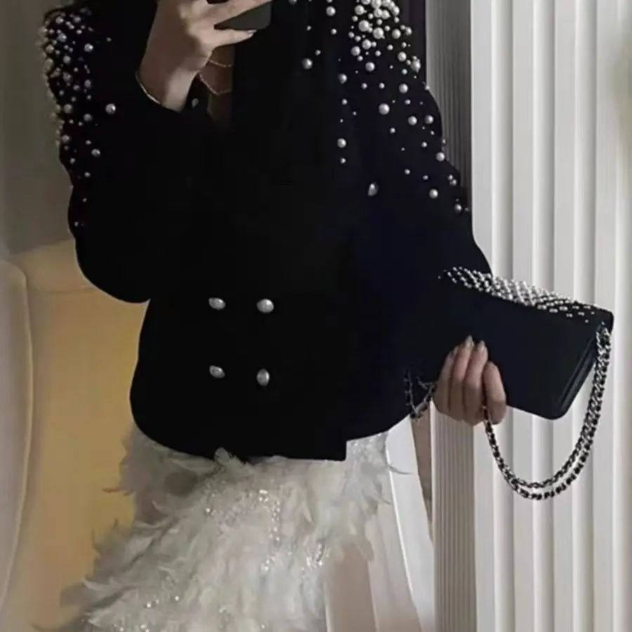 Elegante Frauen Handgemachte Perlen Perlen Woolen Blazer Mantel Drehen Unten Kragen Abnehmen Zweireiher Anzüge Jacke Strickjacke Tops