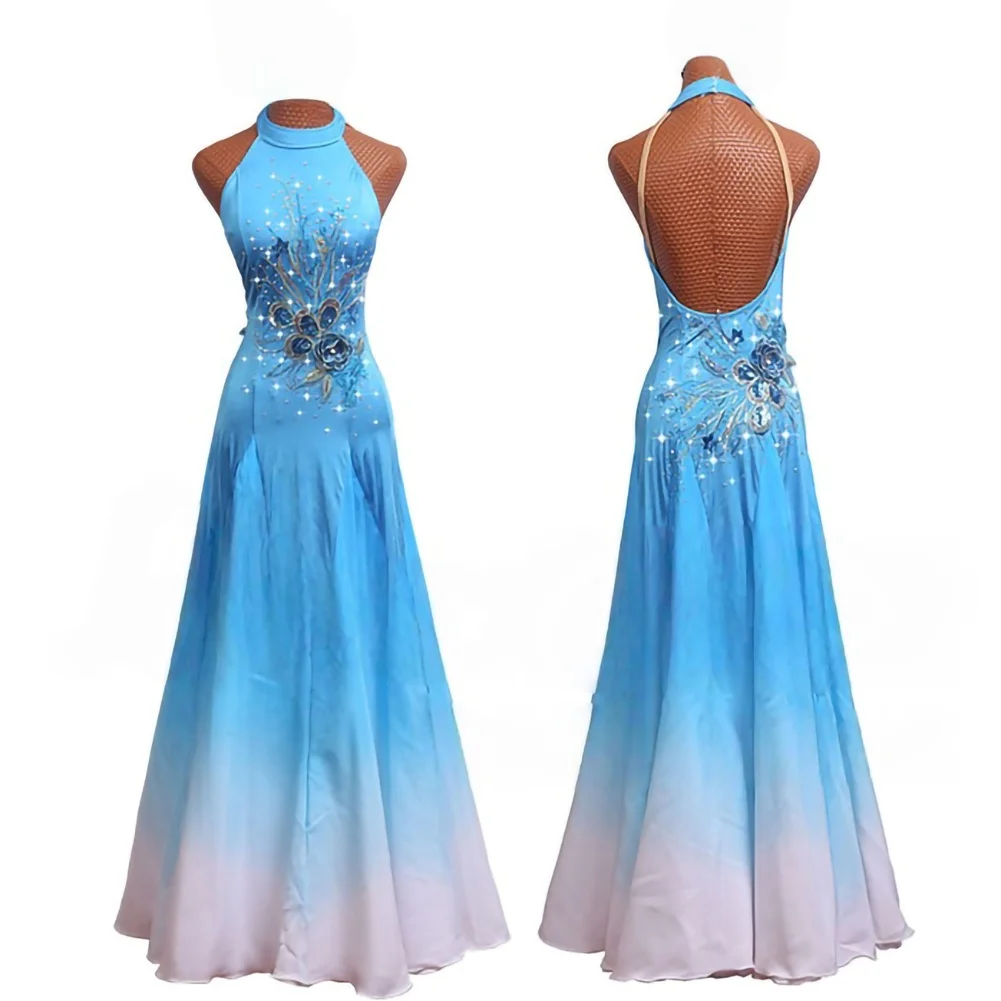 

Ice Blue Women Gradient Waltz Sleeveless High Quality Dress New Rhinestone Applique Backless Performance Costume Dress