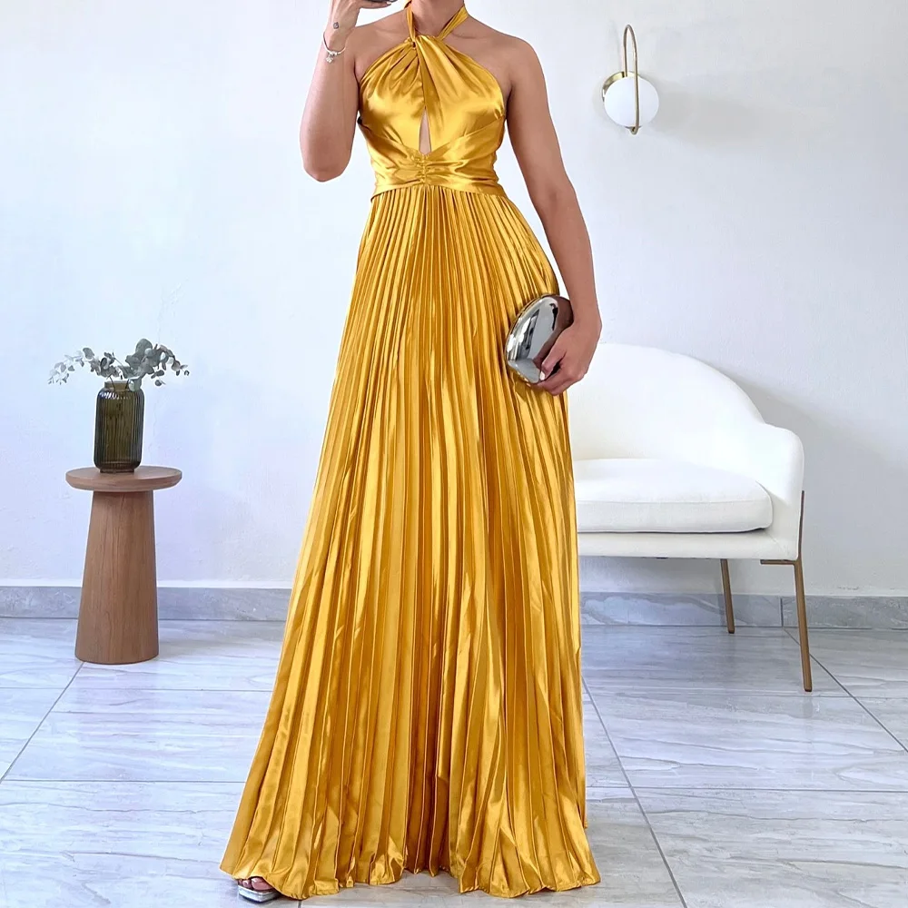 

High Quality Draped Criss-Cross Halter Floor Length A-Line Bespoke Occasion Gowns Satin Short Sleeves Backless فساتين سهرة