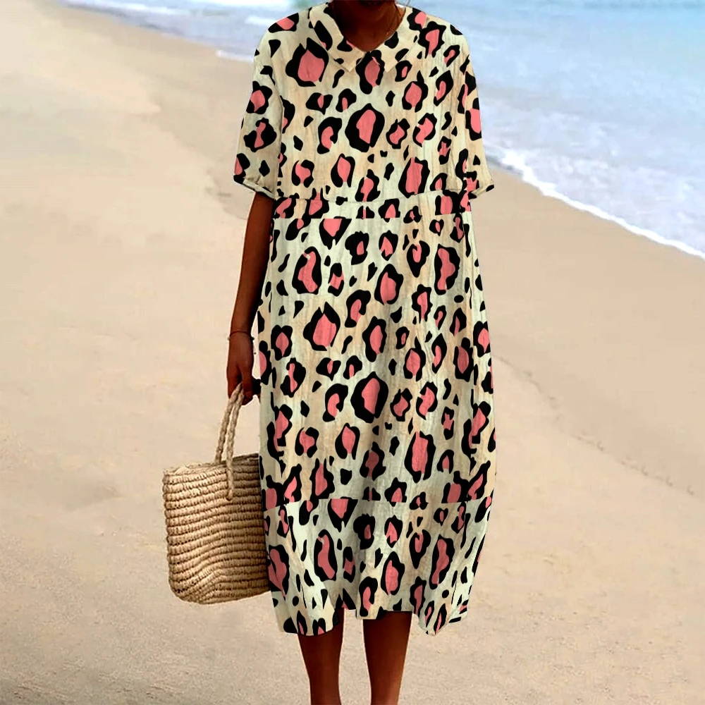 

Vintage Leopard Print Dress Ladies Lapel Straight Loose Long Dress High Quality Clothes Outfit Summer Beachwear Party Dresses